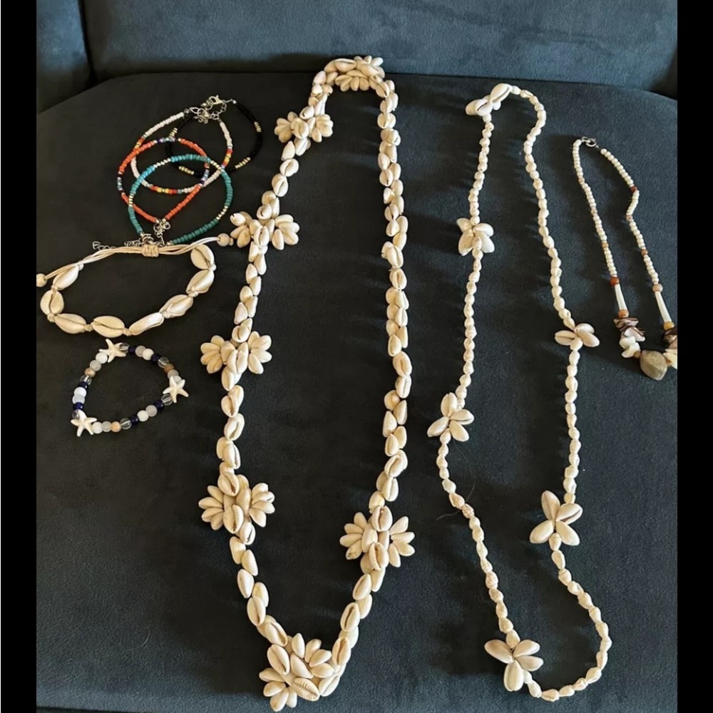 HUGE BUNDLE SALE! MIXED SHELL/BEAD JEWELRY LOT: (3) NECKLACES &  (6) ANKLETS